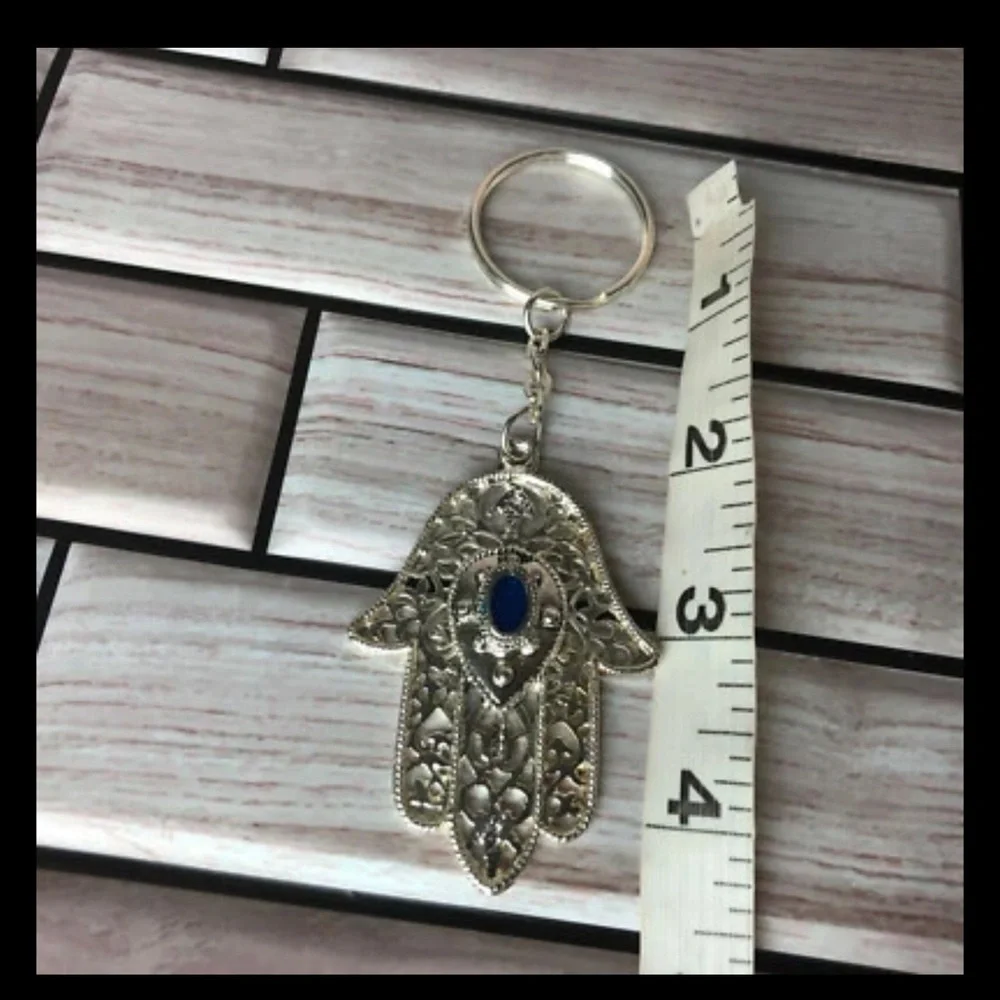 Hamsa Keychain Metal Hand Silver Tone Travel Souvenir Blue Accent New